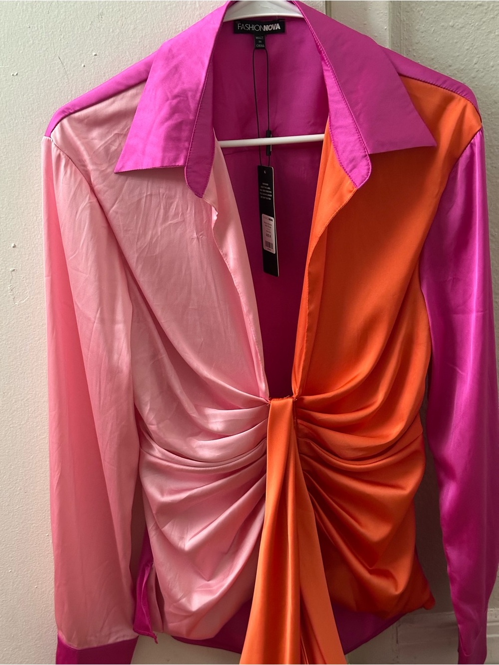 Fashion Nova Pink, Light Pink & Orange Satin Twist-Front Button Down Top